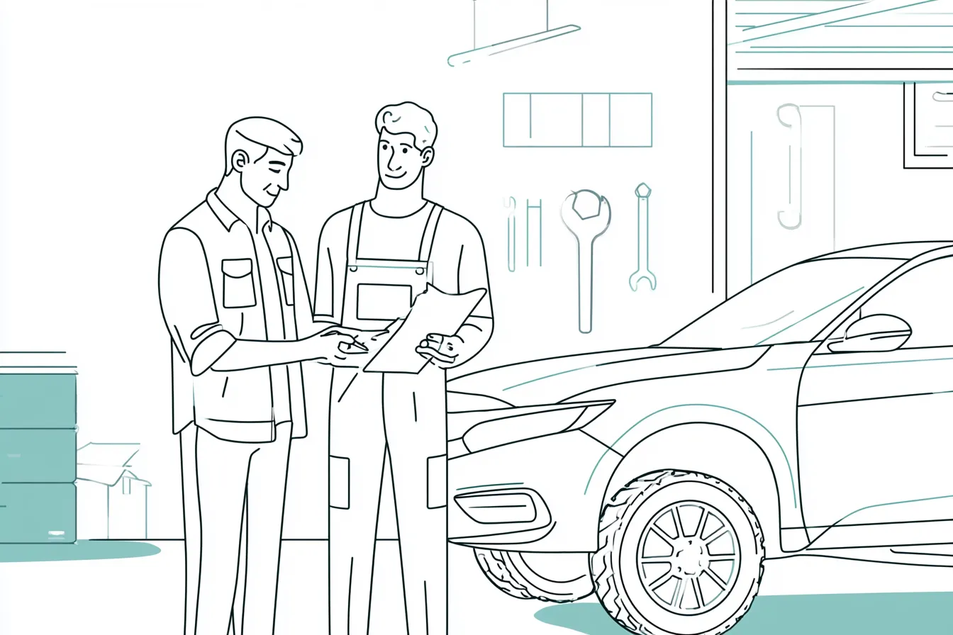 Mechanic explaining an auto repair estimate to a car owner in a garage