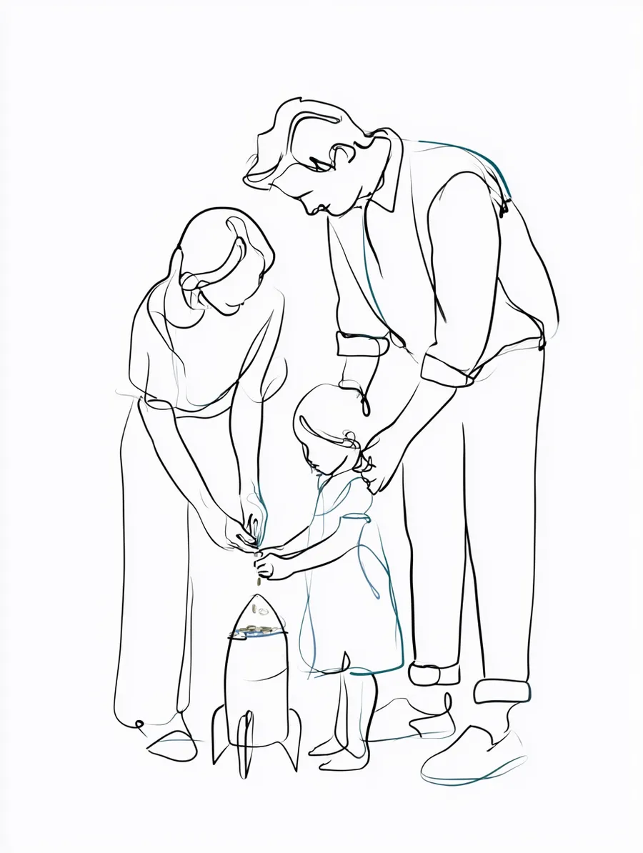 Family adding to a shared savings jar together at the kitchen table