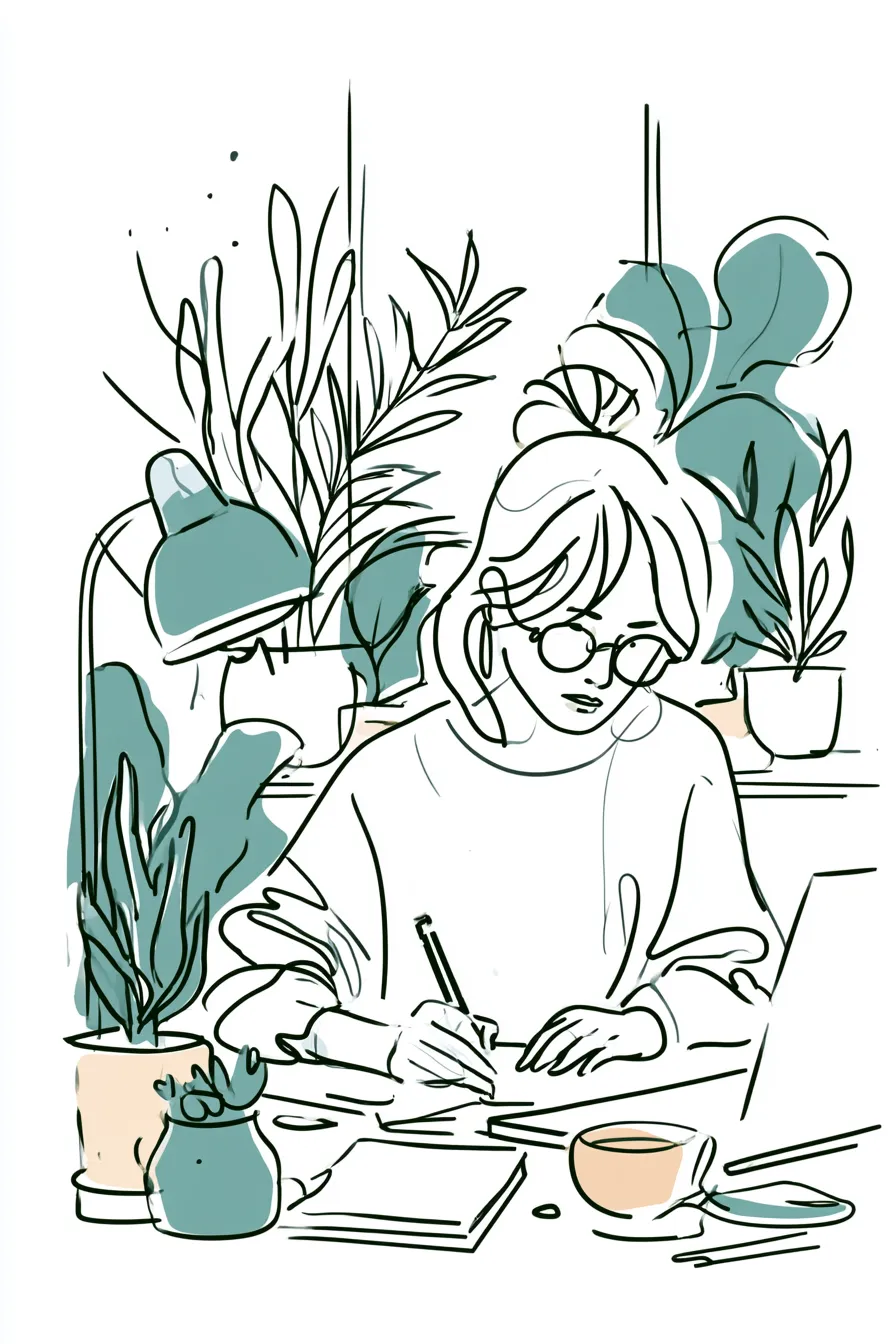 Freelance writer planning article research in a plant-filled home studio