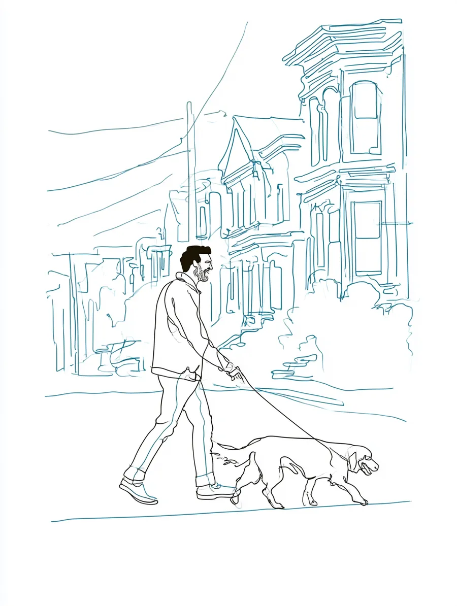 Resident walking a dog past brownstones while learning a new neighborhood